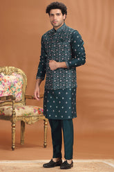 Teal Green Silk Jacket Kurta Pajama Set with Embroidery